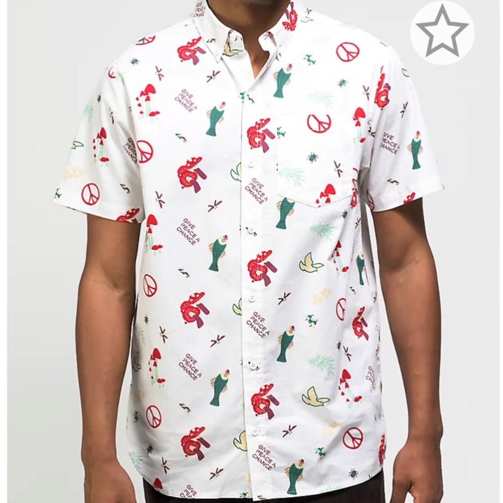ZUMIEZ Dravus Peace Out White Short Sleeve Button Up Shirt. LARGE